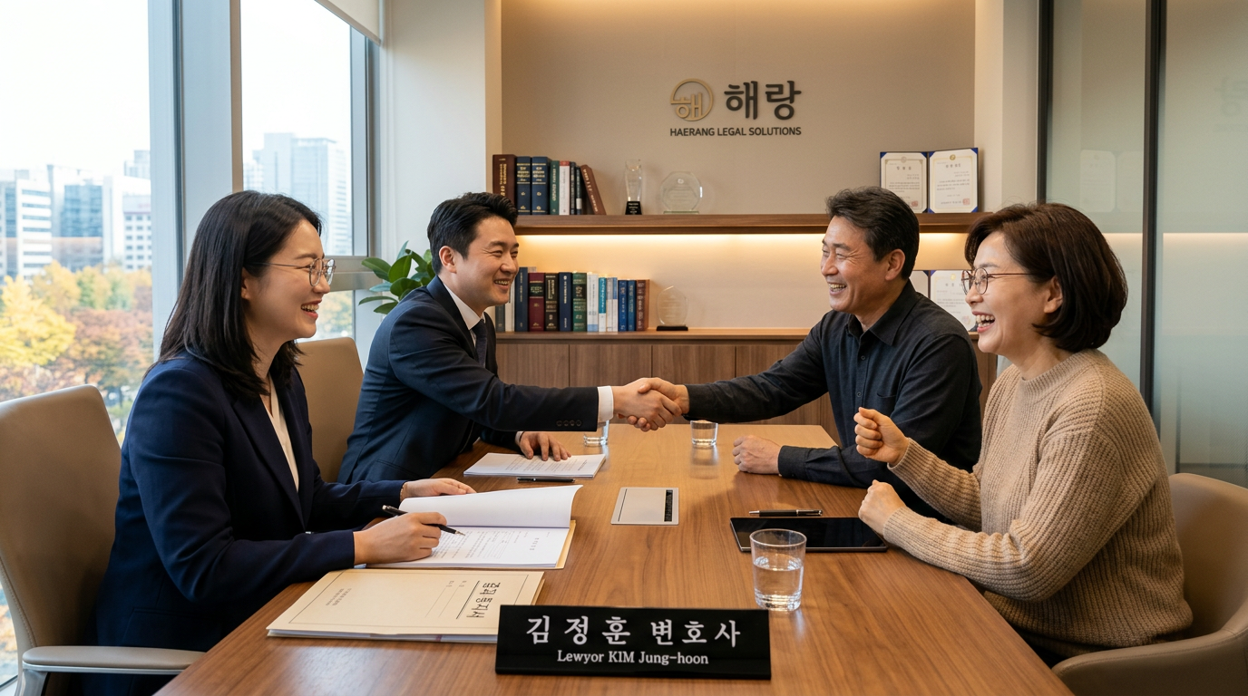 법률 문제 해결 후 밝게 웃는 의뢰인들